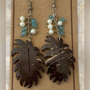 Hawaiian Surfer Handmade Brown Coconut Leaf Earrings with Beads